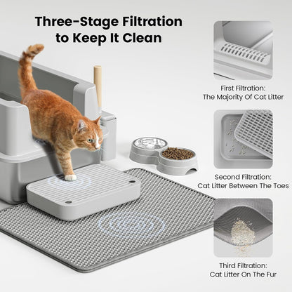 Stainless Steel Cat Litter Box - Enclosed XL Metal Kitty Litter Box with Lid for Big Cats, High Sided, Anti-Leakage, Easy Cleaning, Non-Sticky, Included Litter Mat, Cat Bowl & Spoon