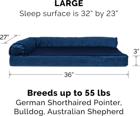 Furhaven Cooling Gel Dog Bed for Large/Medium Dogs w/ Removable Bolsters & Washable Cover, For Dogs Up to 55 lbs - Plush & Velvet L Shaped Chaise - Deep Sapphire, Large