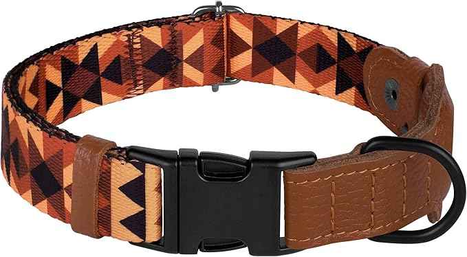 AirTag Dog Collar with Metal Buckle - Printed Nylon Soft Leather Dog Collar with Apple AirTag Holder - Secure Tracking GPS Pet Collars for Girl Boy Small Large Dogs (L, 17"-21" Neck Fit, Tribal)