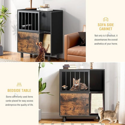 Dog Proof Cat Feeding Station, Cat Feeding Station with Scratching Board, Raised Bowls for Indoor Cats, Elevated Food Bowls with Stand, Vintage Black Furniture