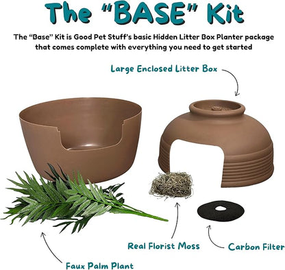Good Pet Stuff Hidden Litter Box Planter, Decorative Cat Litter Enclosure with Carbon Filter, Artificial Plant, Easy Clean, Indoor Design, Original Round Style, Base Kit, Mocha Brown