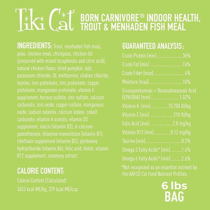 Tiki Cat Born Carnivore Indoor Health, Trout & Menhaden Fish Meal, Grain-Free Baked Kibble to Maximize Nutrients, Dry Cat Food, 6 Lbs. Bag