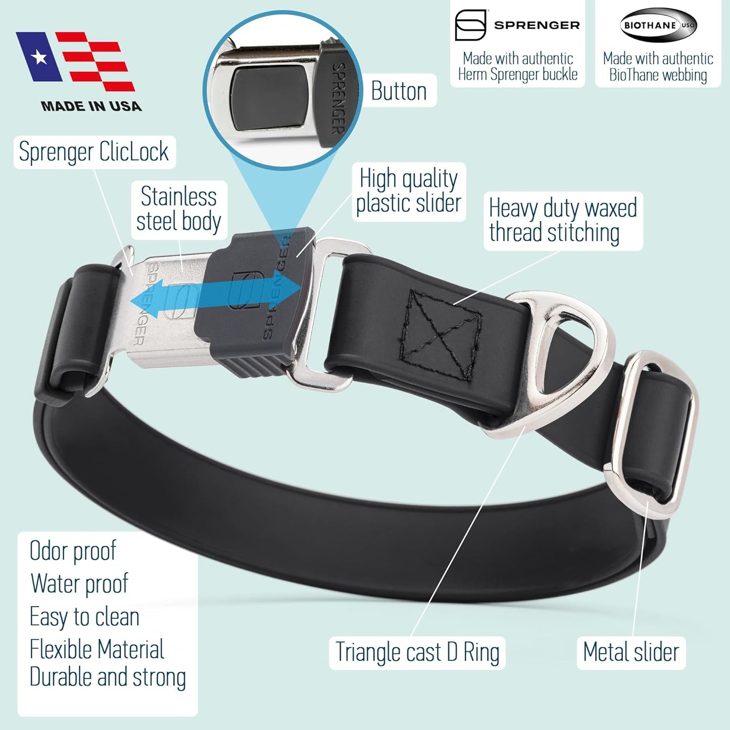 Dogline Biothane Waterproof Dog Collar with Herm Sprenger Stainless Steel Quick Release Buckle – Heavy Duty Tactical Durable Collar for Dogs – Comfortable and Safe Pet Collar, W 1" L 15-25", Black