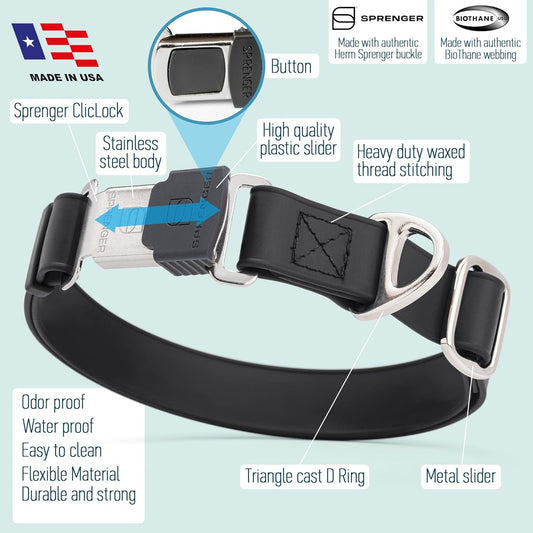 Dogline Biothane Waterproof Dog Collar with Herm Sprenger Black Stainless Steel Quick Release Buckle – Heavy Duty Tactical Durable Collar for Dogs – Comfortable and Safe Pet Collar W 1" L 15-25" Black