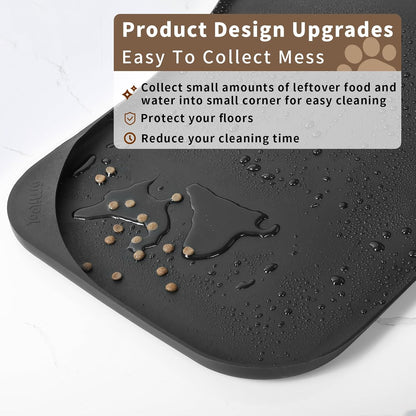 Silicone Pet Feeding Mat with Raised Edge & Residue Collection Pocket for Food and Water, Dog Bowl Mats, Cat Bowls Placemat with High Lip for Floor Waterproof, 24 x 16 x 0.8 Black