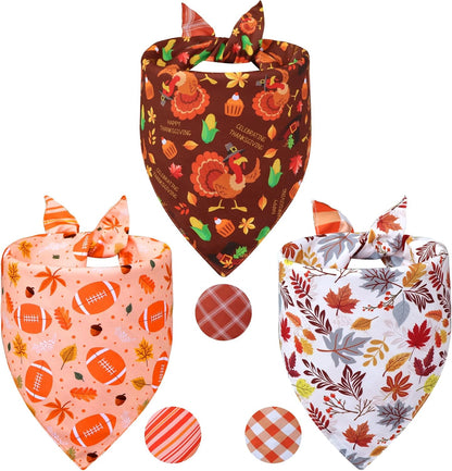 Thanksgiving Dog Bandanas XLarge 3PCS, 6 Pattern Fall Scarf for Boy and Girl, Pumpkin Leaves Rugby Triangle Reversible Bibs Breed for Puppy Pets