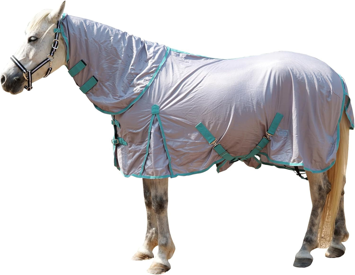 Horse Fly Sheet with Detachable Neck Cover & Belly Wrap, Adjustable Fly Sheet for Horses, Ventilated Airflow Mesh Equine Cooling Summer Flysheet Grey 84
