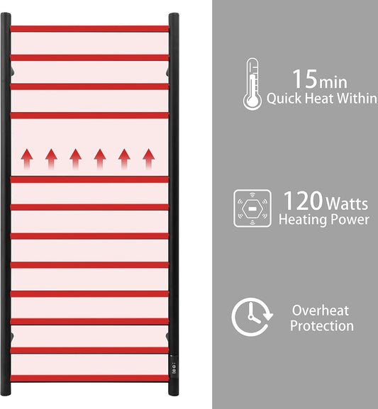 KEG Towel Warmer Wall Mounted with Built-in Timer 12 Bars Electric Stainless Steel Heated Towel Racks for Bathroom, Hot Plug-in Bath Towel Heater Matte Black