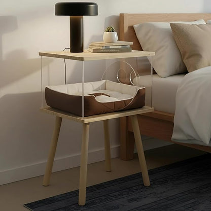 Cat Bedside Table with Acrylic Guardrail | Modern Cat & Dog Bed | Multifunctional Pet Bedside Cabinet | Cat Beds for Indoor Cats