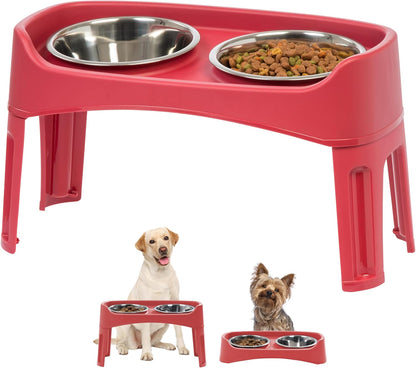 IRIS USA Elevated Dog Bowls, Adjustable Height, 2 Thick 64 oz Stainless Steel Bowls, Spill-Proof with Raised Outer Rim, Durable Made in USA Plastic, Easy Assemble, 2 Heights 4.63" or 12.25" Red