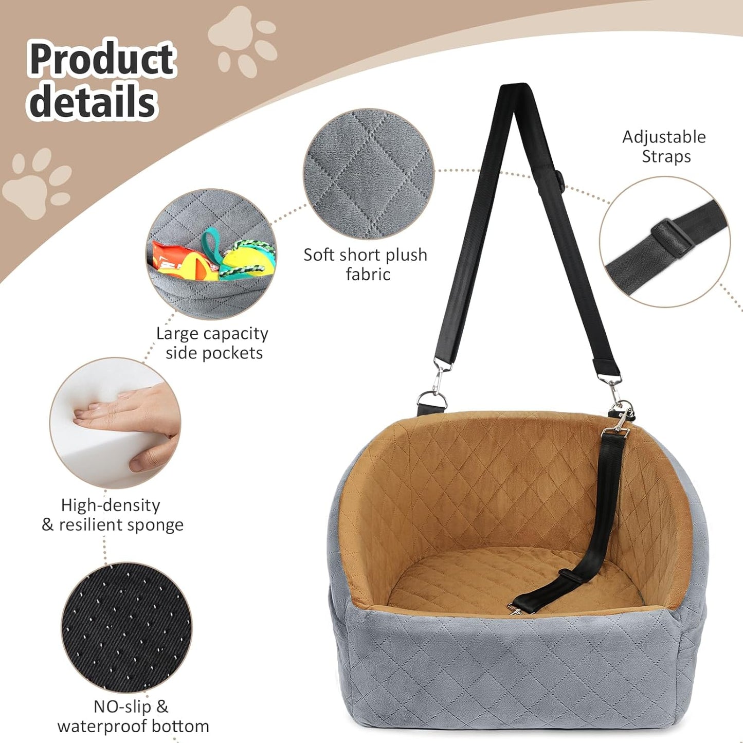 Dog Car Seat for Small Medium Dogs,Detachable Washable Dog Booster Seat Under 30lbs, Pet Car Seat Travel Bed with Storage Pockets and Dog Safety Belt(Grey/Brown) - Pawvie