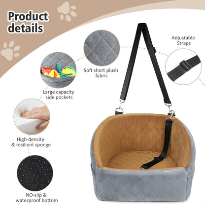 Dog Car Seat for Small Medium Dogs,Detachable Washable Dog Booster Seat Under 30lbs, Pet Car Seat Travel Bed with Storage Pockets and Dog Safety Belt(Grey/Brown) - Pawvie