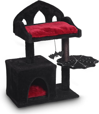 Gothic Cat Tree - 28in Black Cat Condo with Regal Throne Bed, Spooky Hanging Bat and Durable Sisal Scratching Post - Goth Cat Tree for Majestic Rest