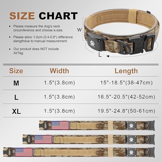 2026 Upgrade Dog Collar with IPX8 Waterproof AirTag Holder,Military Tactical Handle and Ultra-Durable Metal Buckle/Night Reflective,GPS Collar for Medium to Large Dogs (Camouflage Khaki/XL)