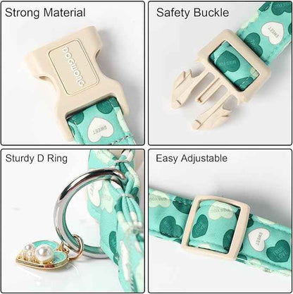 DOGWONG Valentine's Day Dog Collar - Green Heart, Adjustable Soft Cute Pet Collar for Small, Medium & Large Dogs