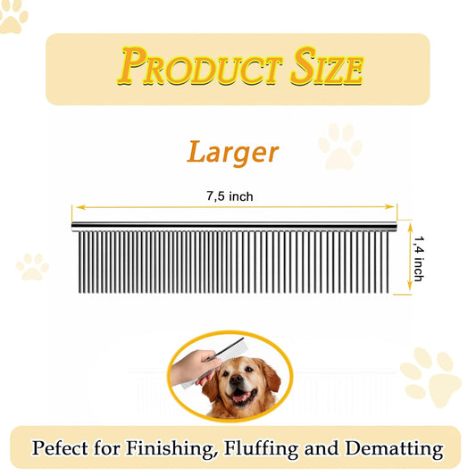 Dog Comb and Cat Combs Stainless Steel Teeth, Grooming Tool for Long & Short Hair, Dematting Comb for Dogs, Removes Tangles & Knots (Large Silver)