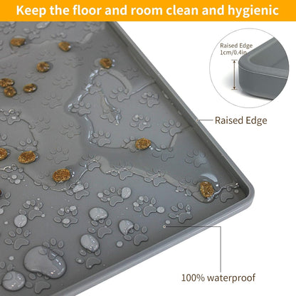 Ptlom Grey Pet Placemat for Dog and Cat, Waterproof Non-Slip Silicone Feeding Bowl Mat Prevent Food and Water Overflow, Puppy Dish Feeder Fountain Trays Suitable for Medium and Small Pets