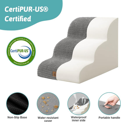 Dog Stairs for Small Dogs 15.7" H, Curved Dog Step for Puppy, Older Cat, Medium Pet Ramp for Sofa, Couch or Chair, Ladder with High Density Foam, 15.7x22.4x15.7 inch, 3 Step, Light Grey - Pawvie