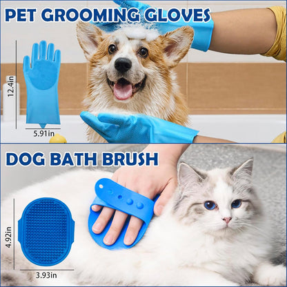 Dog Grooming Brush Set – 5-Piece Kit for Medium & Long-Haired Dogs | Includes Long Pin Brush, Flea Comb, Bath Glove, Silicone Glove, Metal Comb | For Poodles, Huskies & More (Blue)