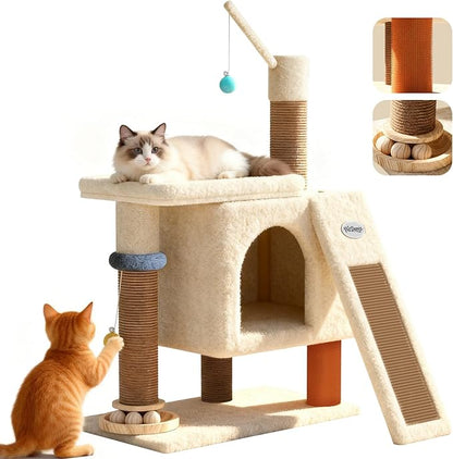 PetDance 37in All-in-1 Small Cat Tree for Indoor Cats | Space-Saving Cat Tower with Cozy Condo, Cat Window Perch, Sisal Scratching Posts, Interactive Ball Track Toy & Self-Grooming Brush,Beige