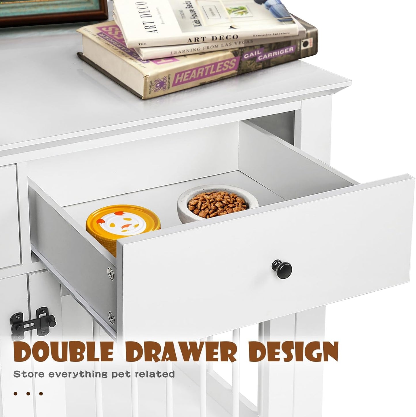 LEMBERI 44 Inch Large Dog Crate Furniture, Wooden Dog Kennel End Table with Storage Drawers, Decorative Pet Cage Dog House Indoor for Dogs