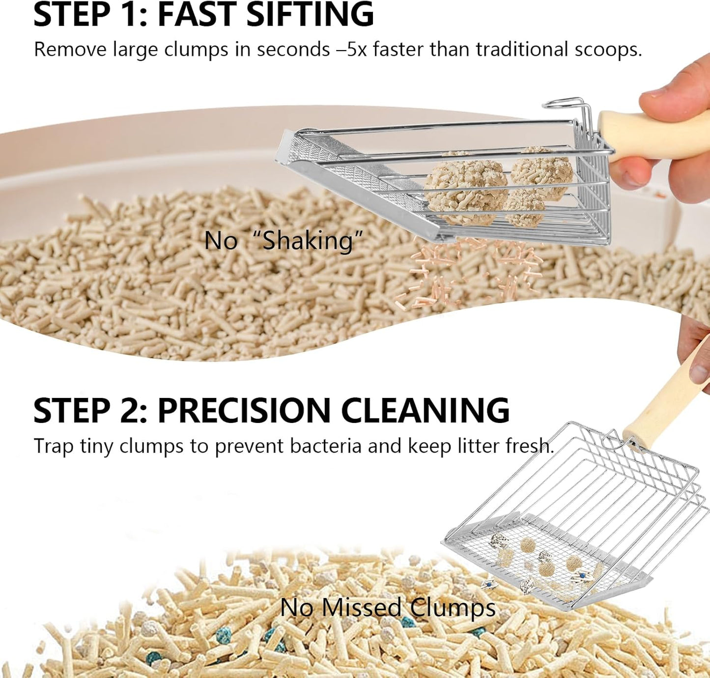 Litter Scooper, Metal Litter Scoop, Pooper Scooper with Wooden Handle, Cat Litter Scoop, Metal Scooper & Speed Sifter Deep Shovel Scoop Filter,Kitten Pooper Lifter for Litter Box