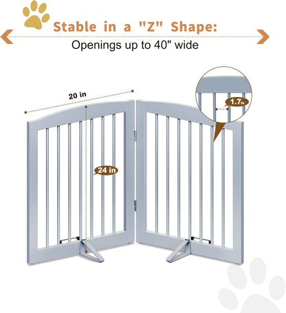 Freestanding Pet Gate for Dogs, Foldable Wooden Dog Gate for House, Indoor Pet Barrier for Stairs, Doorways, Support Feet Included, 24" Height 2 Panels, Grey