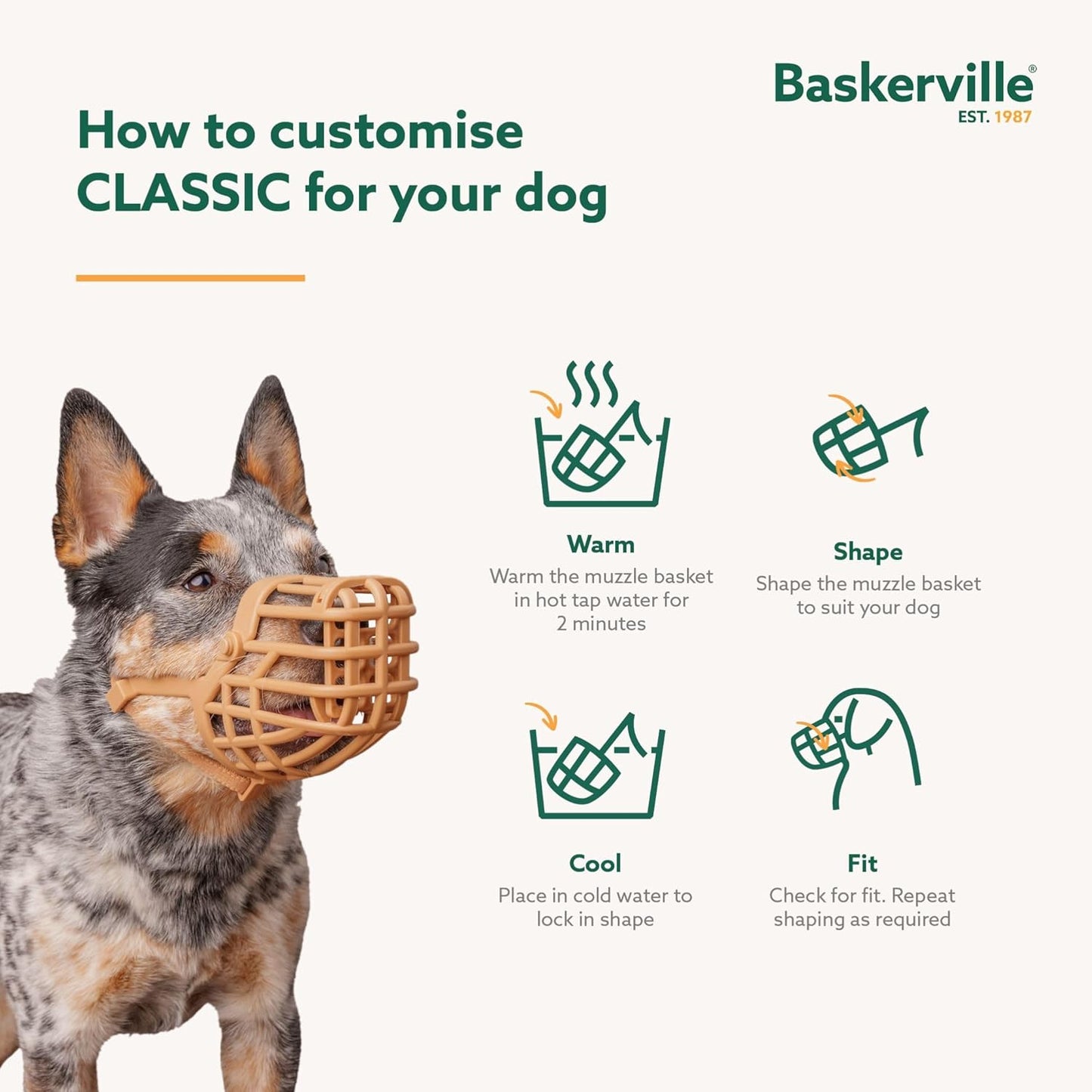 Baskerville Classic Basket Muzzle - Dog can Pant and Drink, Prevents Biting and Food Waste Scavenging, Strong TPR, Ideal for Longer Nosed Dogs, Breathable Dog Training Muzzle for Small Dogs (Size 1)