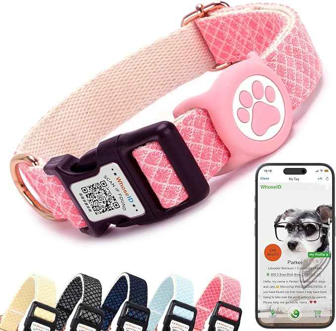 WhoseID Dog Collar with Waterproof AirTag Holder & Anti-Lost QR Code, Cute Bling Warpping Adjustable Width for Small Medium Large Pet (Red, M)