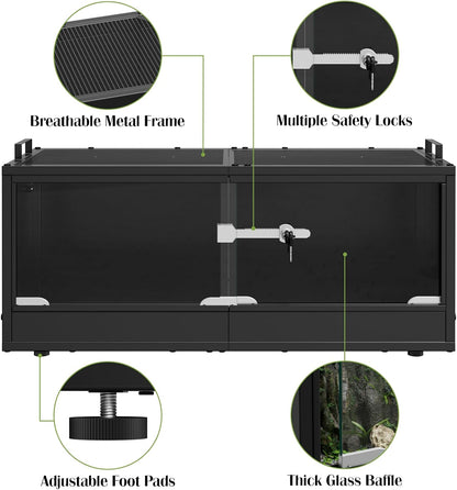 20 Gallon Reptile Terrarium Tank with Sliding Glass Door Bearded Dragon Tank with Top Ventilation Metal Panel Safety Lock Reptile Enclosure for Insect, Geckos, Lizards, Frogs, and Tortoises
