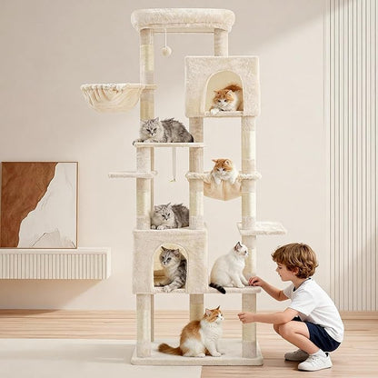 Heybly Cat Tree, 76-Inch Tall Heavy Duty Cat Tower for Big Cats with Extra Wide Baseboard, Multi-Level Large Cat Furniture with 2 Condos & 2 Hammocks, 10 Scratching Posts, Beige HCT039M
