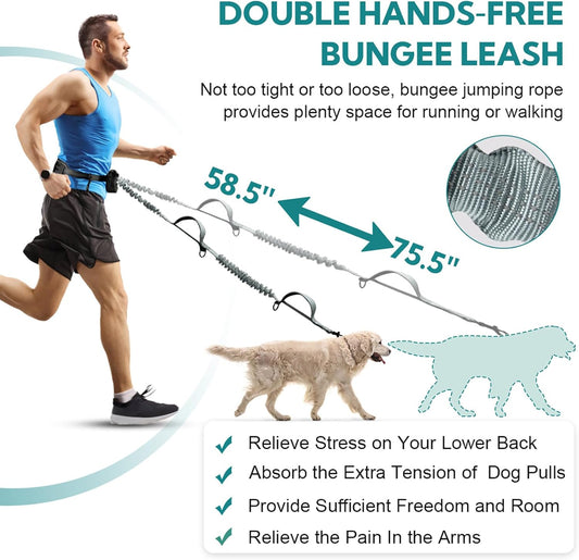 Hands Free Dog Leash with Pouch, Double Leash for Two Dogs, Retractable Bungee with Double Padded Handles, Dog Waist Leash for Dog Walking, Running Leash for Dogs, Dog Walking Accessories