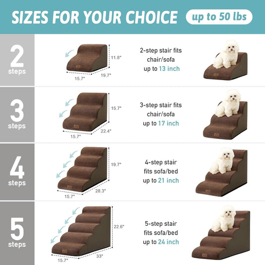 Dog Stairs for Small Dogs 15.7" H, Curved Dog Step for Puppy, Older Cat, Medium Pet Ramp for Sofa, Couch or Chair, Ladder with High Density Foam, 15.7x22.4x15.7 inch, 3 Step, Brown - Pawvie