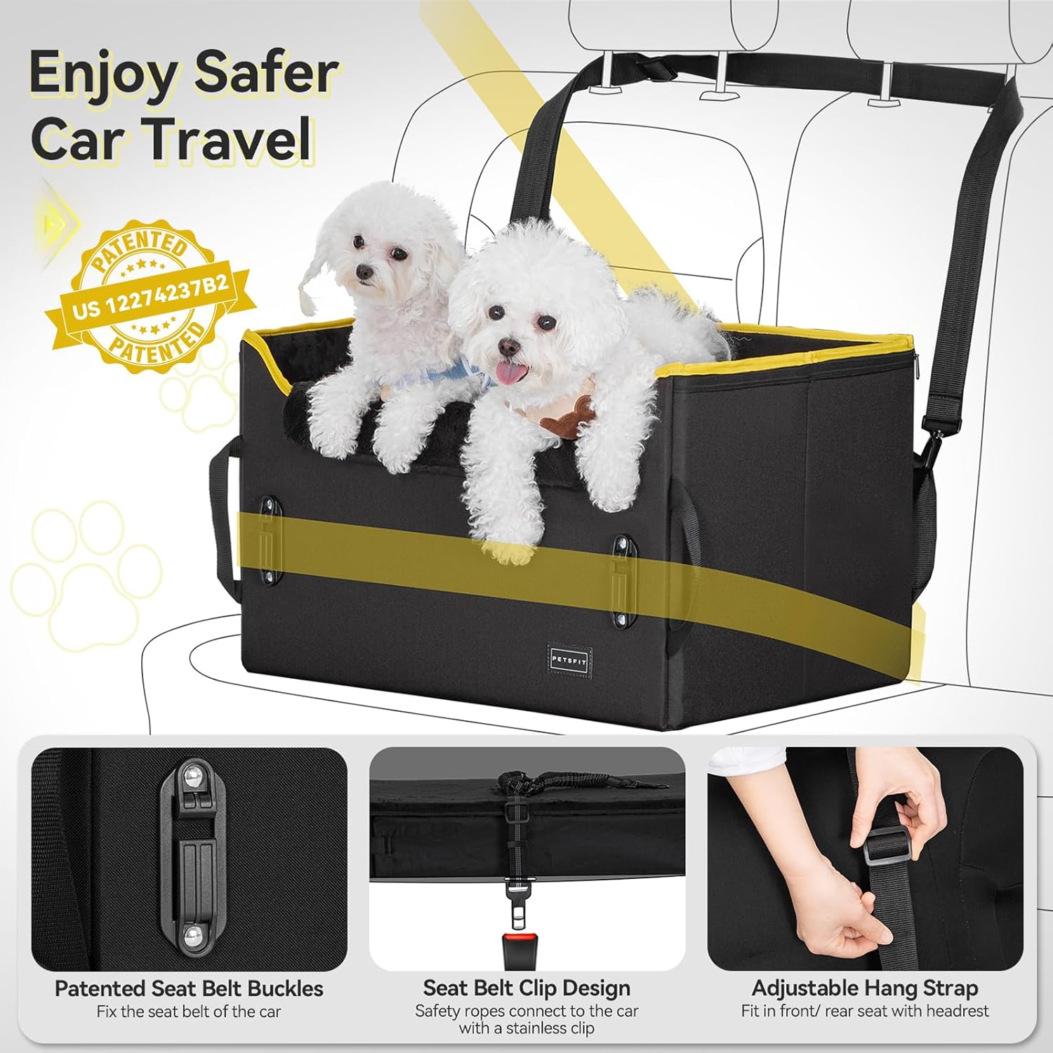 PETSFIT Dog Booster Car Seat, Dog Car Seats for Medium Sized Dogs or 2 Small Pets with 2 Safety Leashes and Patented Buckles, Carseat for Dogs with Storage Pockets for Pets Under 45Lbs (Black) - Pawvie