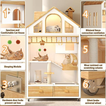 Enclosed Cat Condo, Large Wooden Cats House Indoor Cage Cat Enclosure on Wheels, Multi-Feature Enclosed Condo with Litter Box Drawer for Indoor Cats,63" X 35" X 24" (White, 63" X 35" X 24")