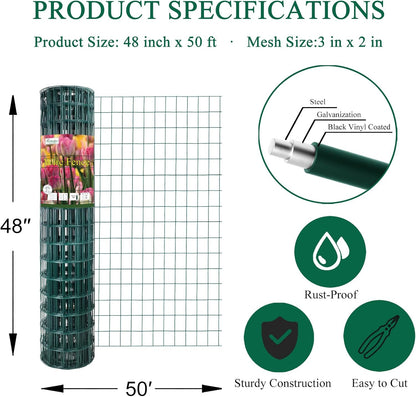 Green PVC Coated Welded Wire Fence 48 Inch x 50 Foot, 2 Inch x 3 Inch 16GA, Garden Border Fencing Roll Vinyl Coating Metal Wire Mesh for Yard Vegetable Plant Protection Poultry Netting
