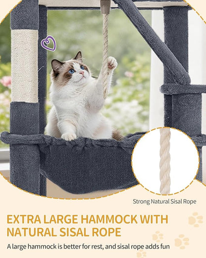 Large Cat Tree, 72 Inch Tall Indoor Cat Tower for 6 Large Cats, Corner Climbing Activity Pet Condo with 2 Large Platforms/2 Cats House/6 Scratching Post/1 Hanging Basket, Dark Gray MS18318SG
