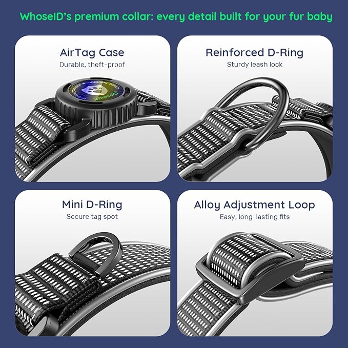 WhoseID Premium AirTag Dog Collar - Waterproof Medium Air Tag Dogs Collar | Magnetic Buckle Heavy Duty Collar | Reflective Dog Collar with AirTag Holder