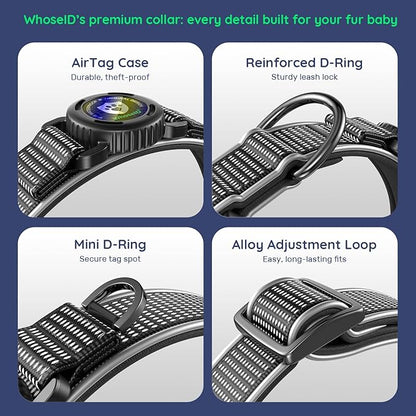 WhoseID Premium AirTag Dog Collar - Air Tag Small Dog Collar | Fur-Safe Magnetic Buckle | IPX8 Waterproof Reflective Dog Collar with AirTag Holder