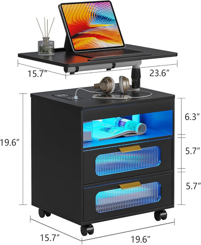 HNEBC Nightstand with Wireless Charging Station, LED Nightstand Has Adjustable Rotary Workstation,Smart Night Stand with 2 Drawers,Modern Bedside Table for Bedroom, Sensor Light/Wheel (Black)