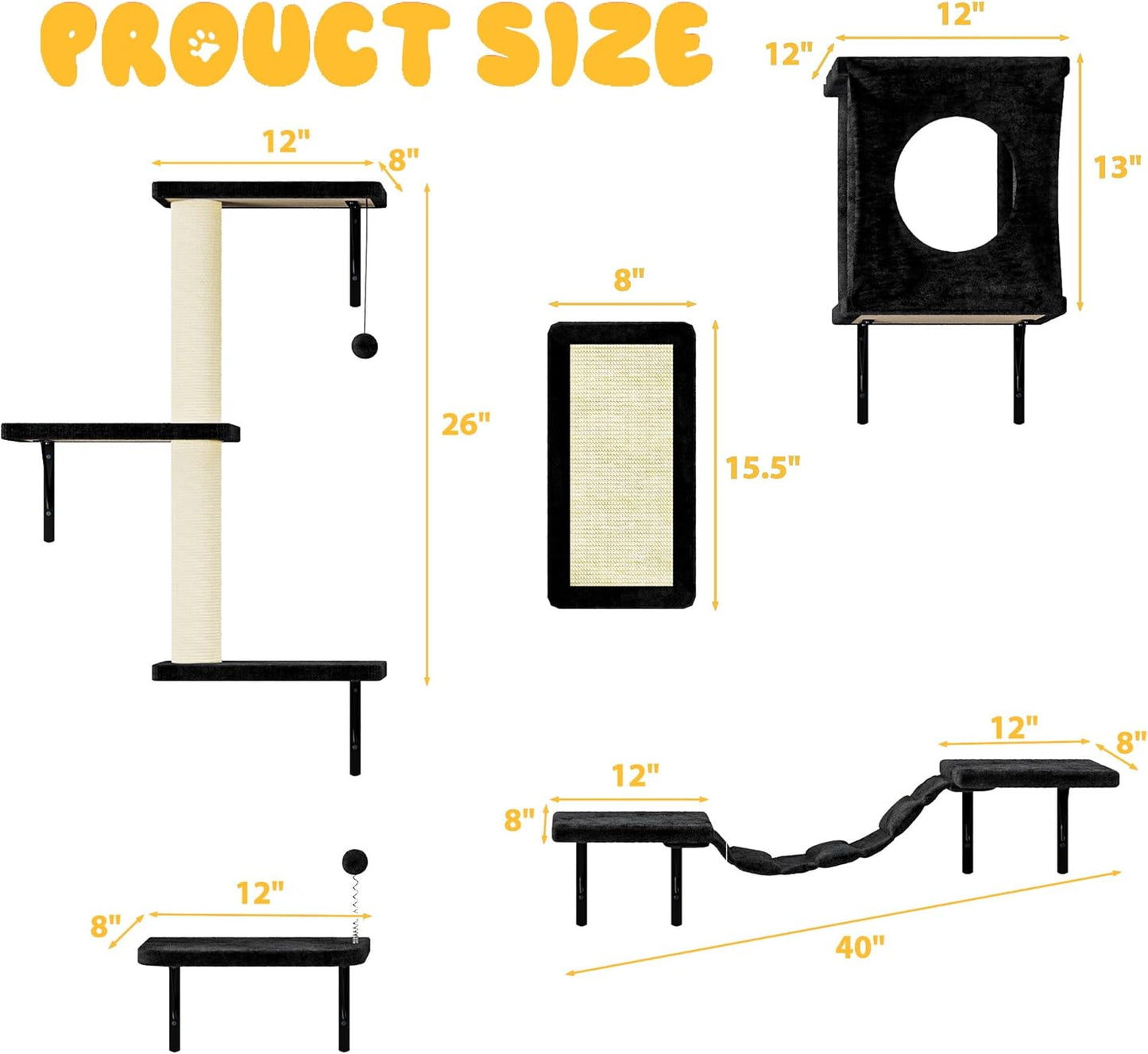 NUNU LAB Cat Wall Shelves, 10-in-1 Wall-Mounted Cat Furniture Set, Large Cat Climber Set with House, Bridge, Steps, Scratcher, DIY Playground, Shelves for Indoor Wall Furniture Set - Black