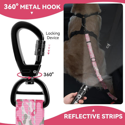 Pawaboo Dog Seatbelt for Car, 3-in-1 Dog Seat Belt Bungee, Shockproof Dogs Tether with Buckle & Hook Latch, Adjustable Reflective Dogs Cars Harness Leash with 360° Lockable Buckle, Pink Camouflage