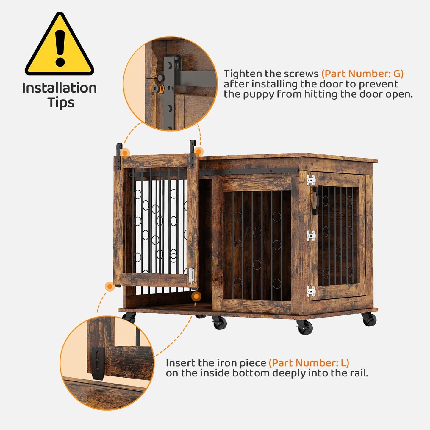 IchbinGo Large Dog Crate Furniture, 47" Wooden Dog Kennel with Sliding Barn Door, Flip-Top Lid & Wheels, Indoor Pet Crate Table with Detachable Divider for Small/Medium/Large Dogs (Rustic Brown)