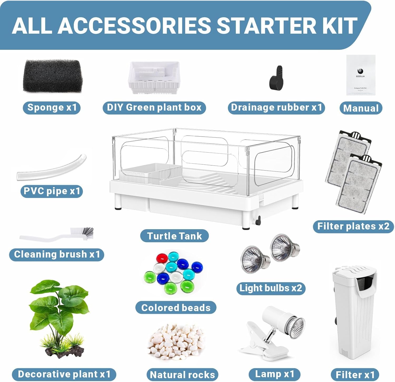 GOZILLA Small Turtle Tank Kit(Tank+Lamp+Filter), Acrylic Turtle Starter Kit with Adjustable Lamp, Reptile Habitat and Terrarium with Multi-Functional Areas for Small Reptiles. (White Kit) - Pawvie