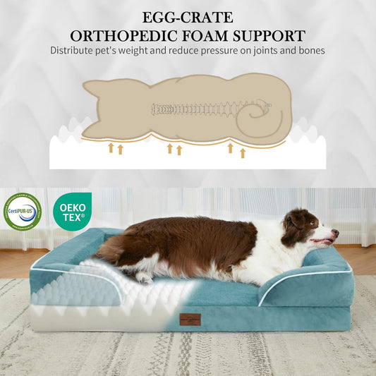 Comfort Expression Orthopedic Foam XL Dog Beds Waterproof, Extra Large Dog Bed with Bolster, Washable Pet Sofa Couch with Removable Cover & Non-Slip Bottom(X-Large,Washed Blue)