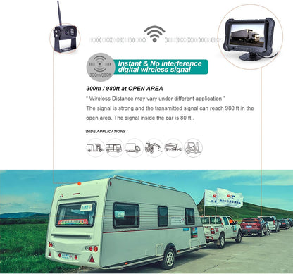 Digital Wireless Backup Camera System, 720P Reverse Camera Wireless with Infrared Night Vision and Wide Viewing Angles, 7 inch Wireless Monitor Split Screen for Trailer, RVs, Camper, 5th Wheel, etc
