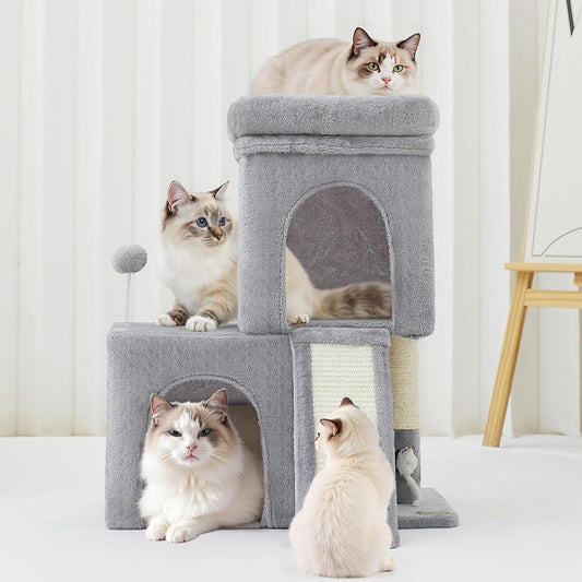 24inch Tall cat Tree with 2 cat condo and Mouse Toy Cozy Small cat Tower with Scratching Post and Board for Kitties and Small Cats.(Light Grey)