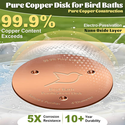 NNG 2 Pack Bird Bath Copper Disk,1mm Thick Reinforced 99.9% Pure Copper Bird Bath Purification Disk with Triple-Point Support,Physical Safe Water Cleaner for Outdoor Birdbaths Bowls,All-Season Use