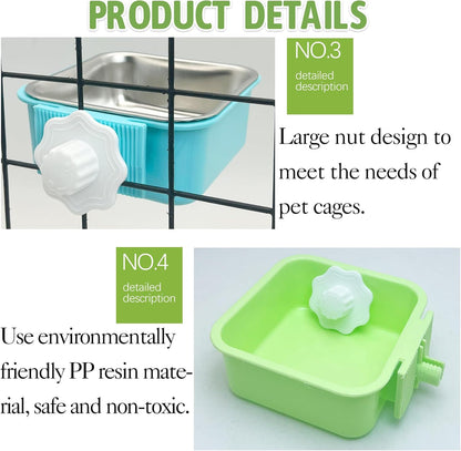 kathson Crate Dog Bowl, Removable Stainless Steel Hanging Pet Kennel Cage Bowl Food & Water Feeder Coop Cup for Puppy, Cat, Rabbit,Guinea Pigs 2pcs Square(Blue,Green)