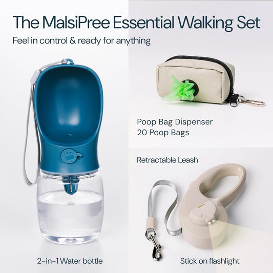 MalsiPree Walking Set with Retractable Dog Leash, Poop Bag Holder, Leak Proof 12 Oz Dog Water Bottle, Flashlight & 20 Poop Bags - 9.8ft Leash Retractable for Small to Medium Pet (Sand & Teal, 12 Oz)